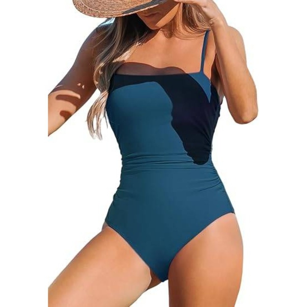 Cupshe Women Teal Blue Square Neck Ruched Tummy Control One Piece Swimsuit Small